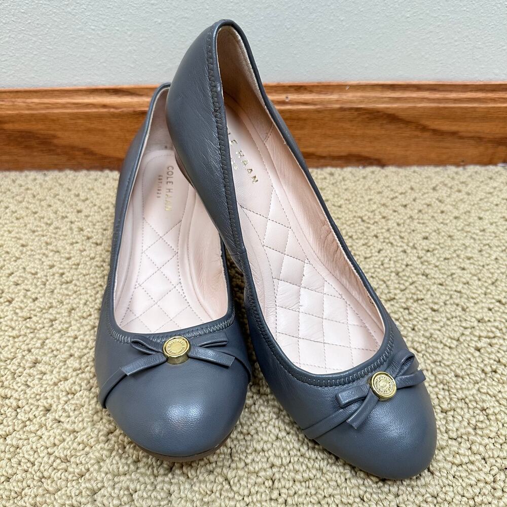 Cole Haan Women's Leather Bow Wedge Shoes Gray Size 7 Comfort Office Classic